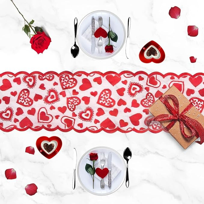 KTX-768019 Lace Heart Table Runner for Valentine's Day Decorations, 13 x 72 Inches, Ideal for Weddings and Parties