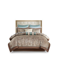 HKM-768275 12 Piece Full Comforter Set with Cotton Bed Sheets in Blue and Brown, Paisley Pattern