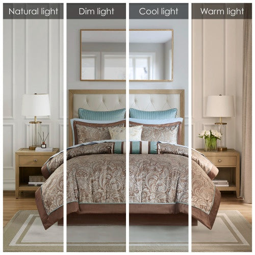 HKM-768275 12 Piece Full Comforter Set with Cotton Bed Sheets in Blue and Brown, Paisley Pattern