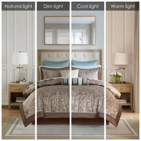 HKM-768275 12 Piece Full Comforter Set with Cotton Bed Sheets in Blue and Brown, Paisley Pattern