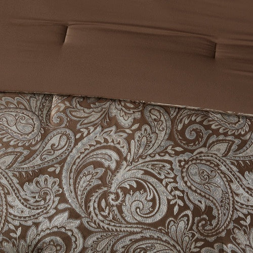HKM-768275 12 Piece Full Comforter Set with Cotton Bed Sheets in Blue and Brown, Paisley Pattern