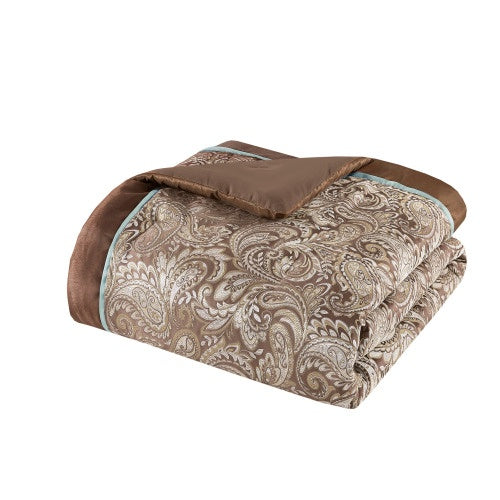 HKM-768275 12 Piece Full Comforter Set with Cotton Bed Sheets in Blue and Brown, Paisley Pattern