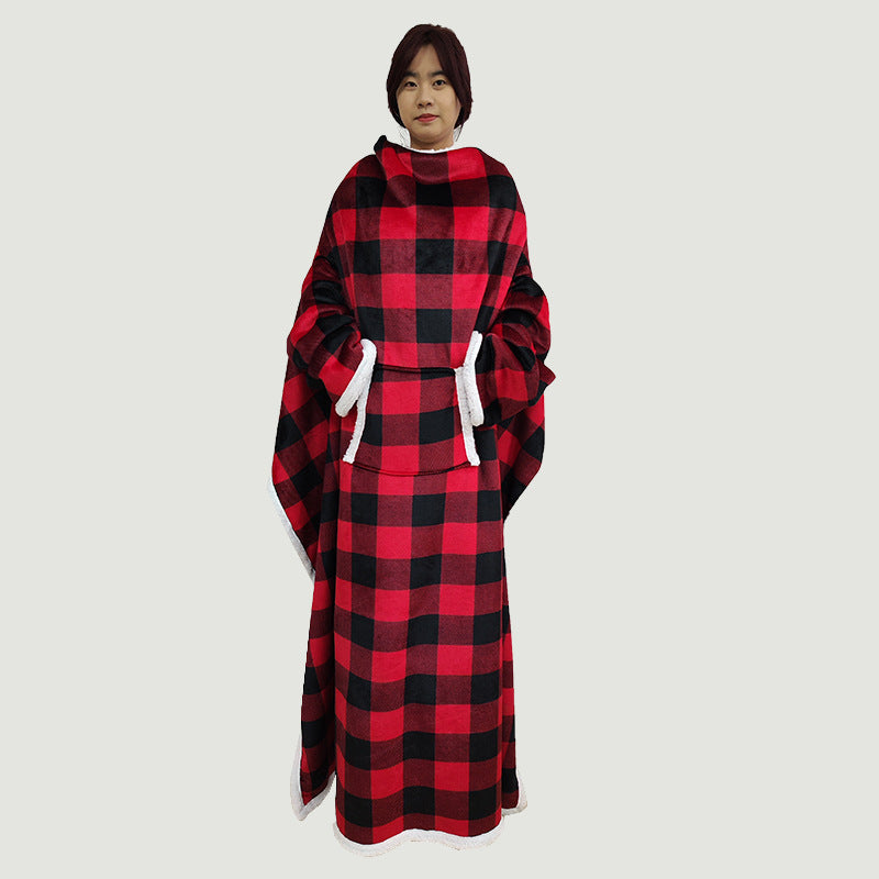 HKM-768275 Wearable Long-Sleeved Blanket in Gray, Red, and Blue - Cozy Polyester Fabric for Winter