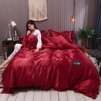 HKM-769043 Washed Silk Four-Piece Bed Sheet Set - Soft Polyester Duvet Cover with Pillowcases, Multiple Sizes Available