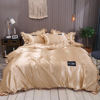 HKM-769043 Washed Silk Four-Piece Bed Sheet Set - Soft Polyester Duvet Cover with Pillowcases, Multiple Sizes Available