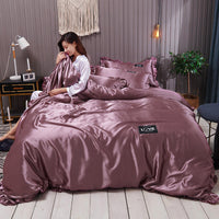 HKM-769043 Washed Silk Four-Piece Bed Sheet Set - Soft Polyester Duvet Cover with Pillowcases, Multiple Sizes Available