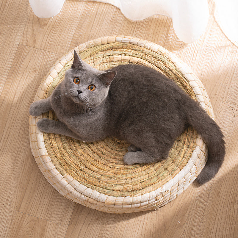 HKM-770195 Cozy Straw and Corn Husk Wok Felt Cat Bed - 35cm Caliber Design