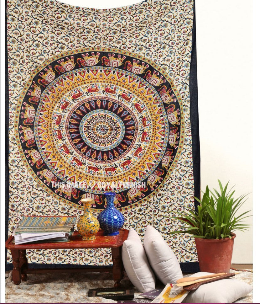 HKM-770579 Geometric Indian Mandala Tapestry - Ethnic Wall Hanging, 148x200cm, Polyester Fiber