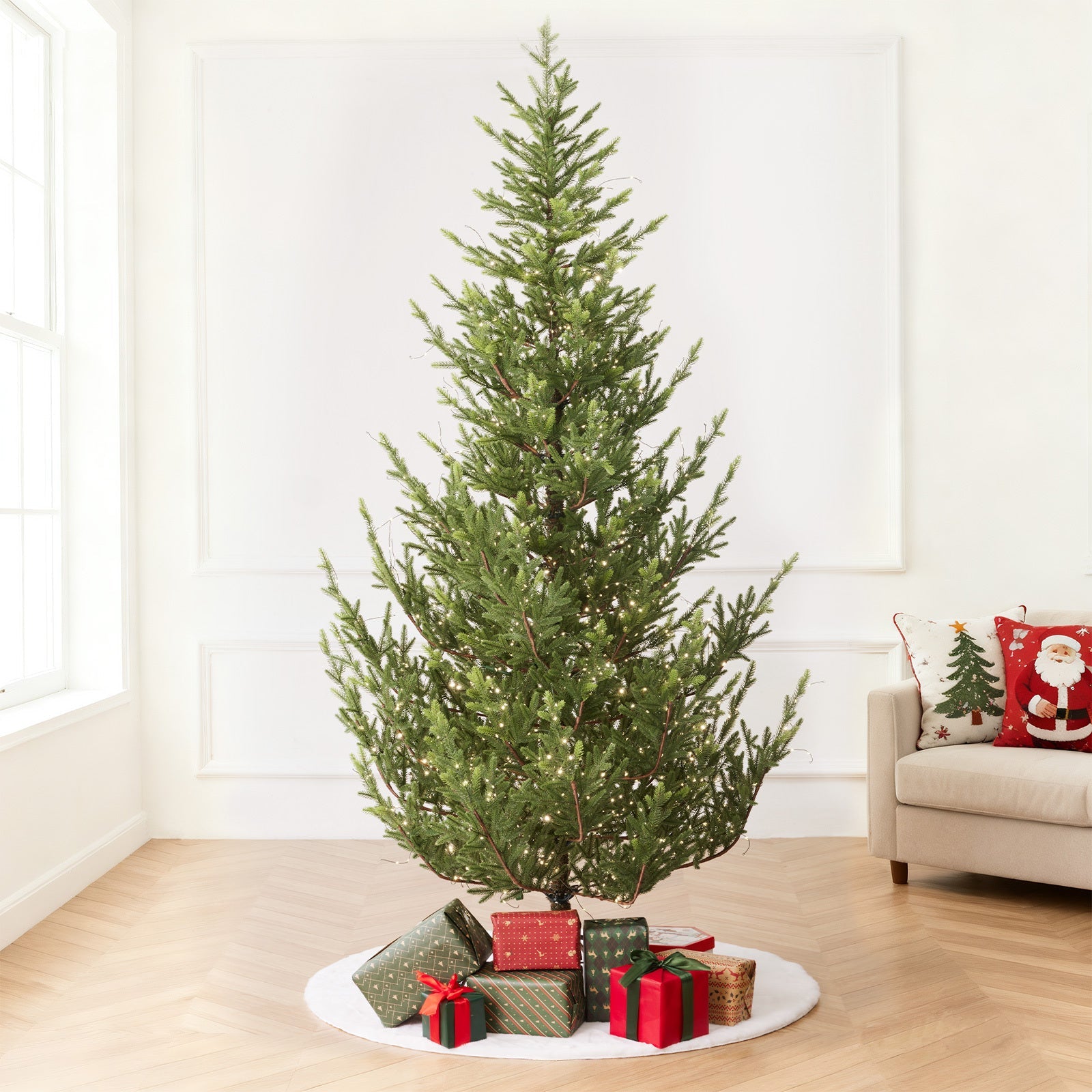 HKM-770707 7.5ft Aspen Slim Fir Pre-Lit Artificial Christmas Tree with 4,570 Branch Tips and 1,555 Low-Voltage Warm LED Lights