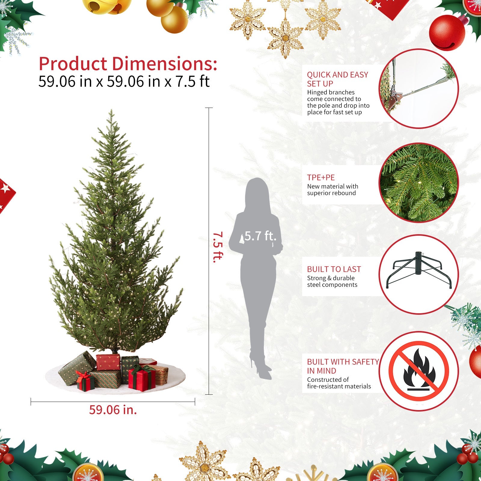 HKM-770707 7.5ft Aspen Slim Fir Pre-Lit Artificial Christmas Tree with 4,570 Branch Tips and 1,555 Low-Voltage Warm LED Lights