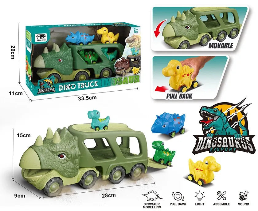 HKM-771219 Dinosaur Transport Carrier Truck Toy Set with Pull Back Dino Cars for Kids