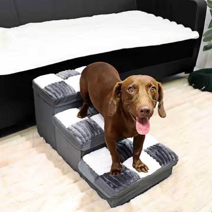 HKM-771411 Handcrafted Dog Stairs with Storage Space and Stylish Grid Pattern
