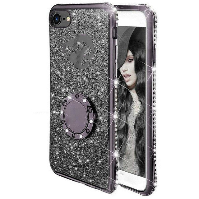 HKM-771667 Glitter Card Edge Drill Mobile Phone Case with Ring and Bracket for Various iPhone Models