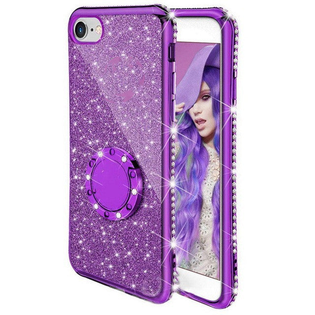 HKM-771667 Glitter Card Edge Drill Mobile Phone Case with Ring and Bracket for Various iPhone Models