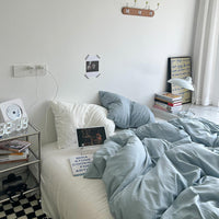 HKM-771731 Water Wash Printed Four Piece Bedding Set - Solid Color Polyester Cotton Blend, Various Sizes Available