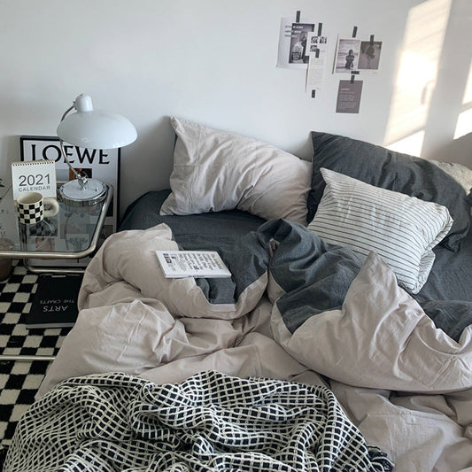 HKM-771731 Water Wash Printed Four Piece Bedding Set - Solid Color Polyester Cotton Blend, Various Sizes Available