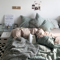 HKM-771731 Water Wash Printed Four Piece Bedding Set - Solid Color Polyester Cotton Blend, Various Sizes Available