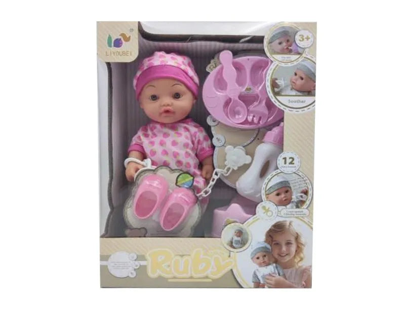 HKM-773523 12 Inch Soft Mini Baby Doll with 4 Sounds for Kids Ages 2-7