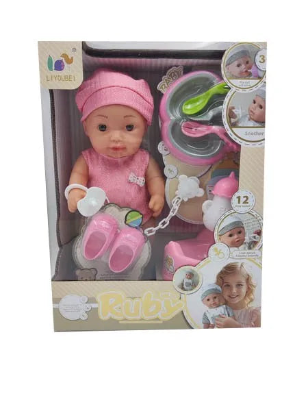HKM-773523 12 Inch Soft Mini Baby Doll with 4 Sounds for Kids Ages 2-7
