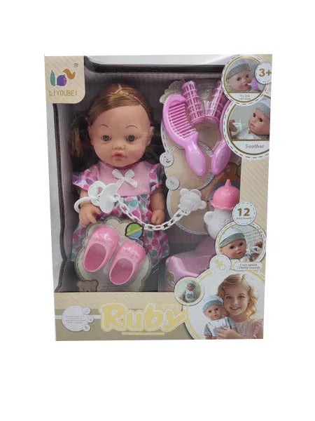 HKM-773523 12 Inch Soft Mini Baby Doll with 4 Sounds for Kids Ages 2-7