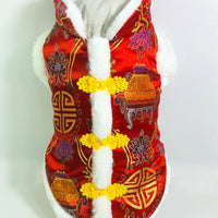 HKM-773587 Silk Tang Suit Pet Clothes for Autumn and Winter in Sapphire Blue and Festive Red