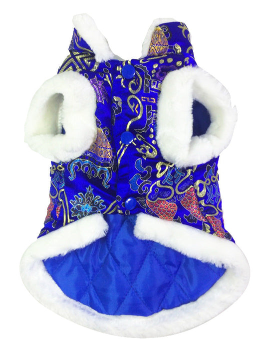 HKM-773587 Silk Tang Suit Pet Clothes for Autumn and Winter in Sapphire Blue and Festive Red