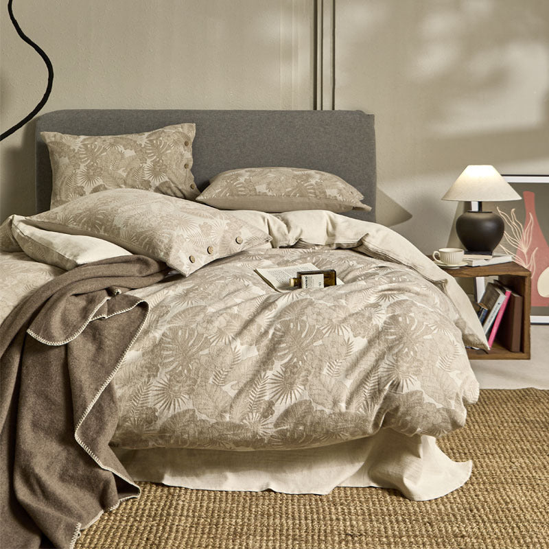 HKM-773715 Floral Pattern Washed Linen Cotton Bedding Set for 1.5m Bed - 4 Pieces