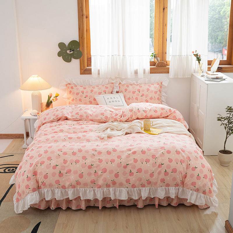 HKM-773715 Lace Bed Skirt Set in Flower Color - Cotton Quilt Lining for Various Bed Sizes