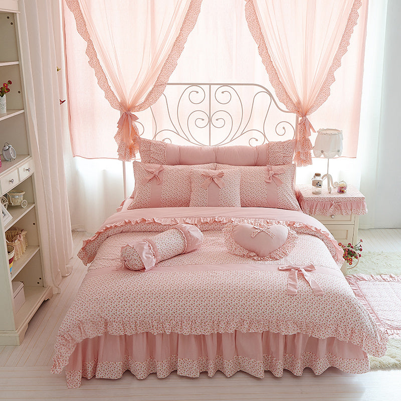 HKM-773715 Lace Bed Skirt Set in Flower Color - Cotton Quilt Lining for Various Bed Sizes