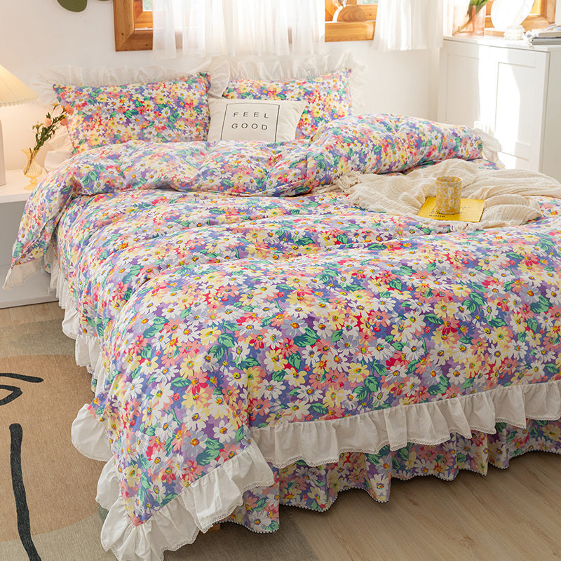 HKM-773715 Lace Bed Skirt Set in Flower Color - Cotton Quilt Lining for Various Bed Sizes