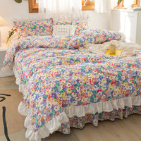 HKM-773715 Lace Bed Skirt Set in Flower Color - Cotton Quilt Lining for Various Bed Sizes