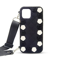 HKM-773971 Three-Dimensional Rose Camellia Silicone Soft Shell Phone Case for iPhone Models with Lanyard