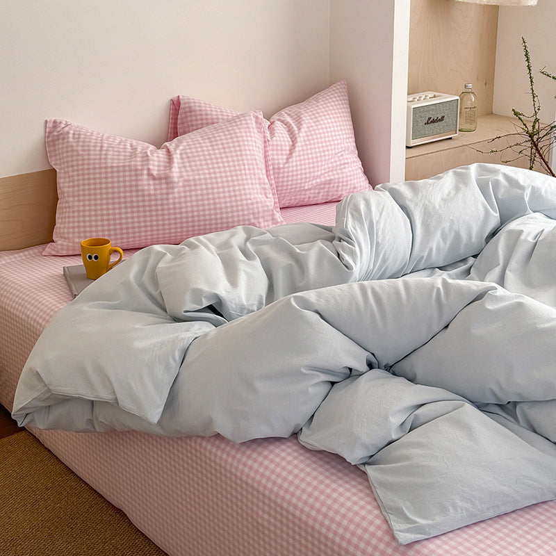 KTX-774675 Washed Cotton Contrast Color Bed Set - Four-Piece Simple Style Bedding for Various Bed Sizes