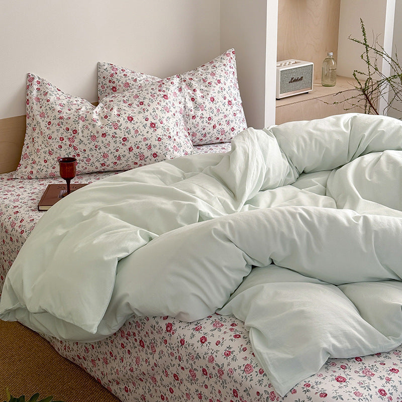 KTX-774675 Washed Cotton Contrast Color Bed Set - Four-Piece Simple Style Bedding for Various Bed Sizes