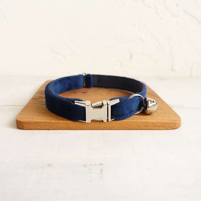 HKM-774739 Navy Blue Double-Layer Soft Velvet Pet Collar for Cats - Sizes S and L