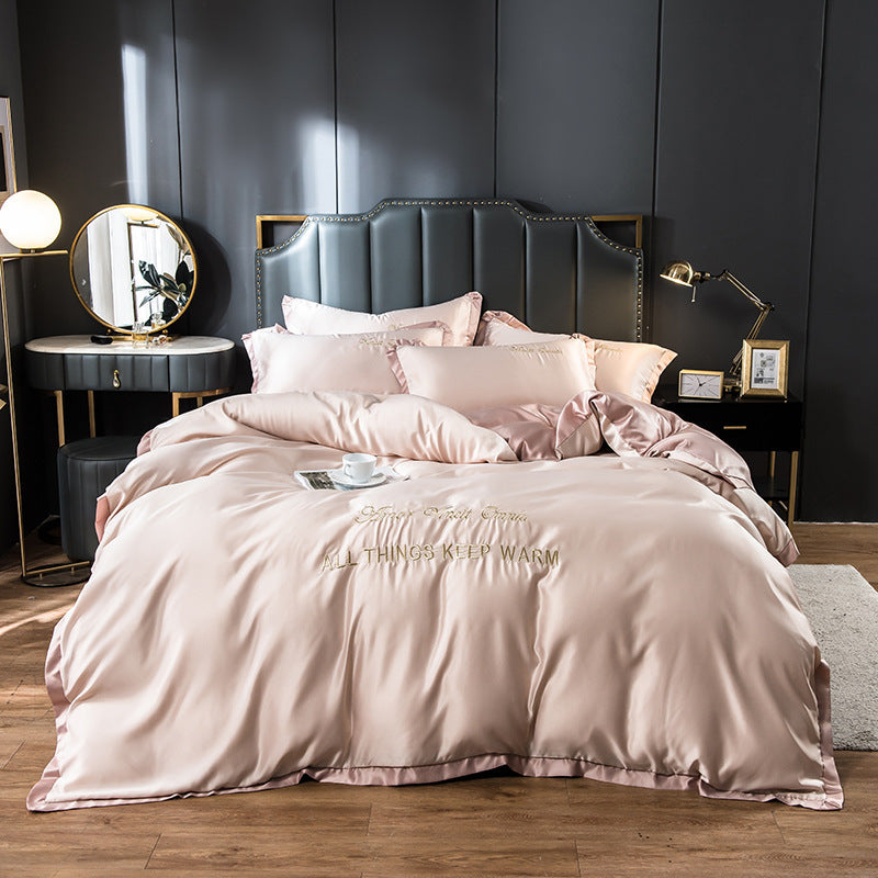 HKM-775187 Washed Silk Four-Piece Bedding Set with Embroidery and Modal Fiber Blend