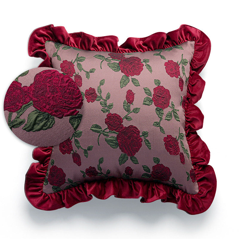 HKM-776019 Vintage Ruffled Sofa Cushion in Plush Material with Tassels - Available in English Rose, Pod Blush Pink, and Velvet Wine Red