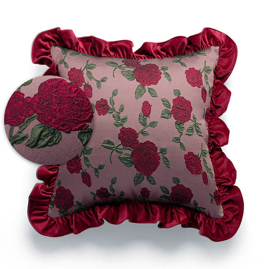 HKM-776019 Vintage Ruffled Sofa Cushion in Plush Material with Tassels - Available in English Rose, Pod Blush Pink, and Velvet Wine Red