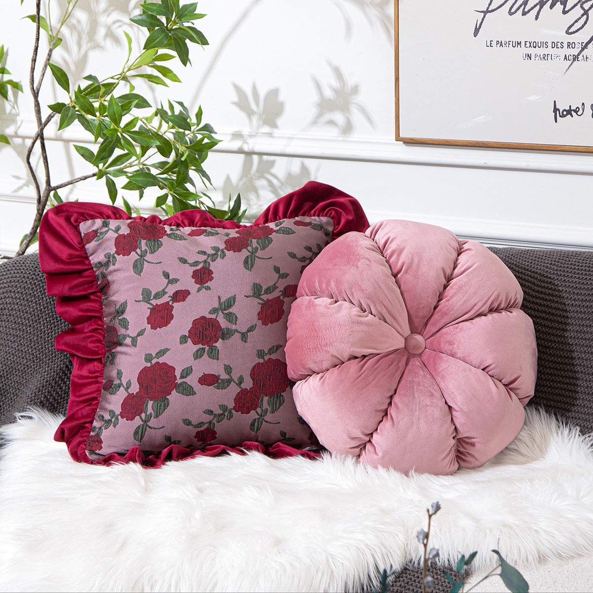 HKM-776019 Vintage Ruffled Sofa Cushion in Plush Material with Tassels - Available in English Rose, Pod Blush Pink, and Velvet Wine Red