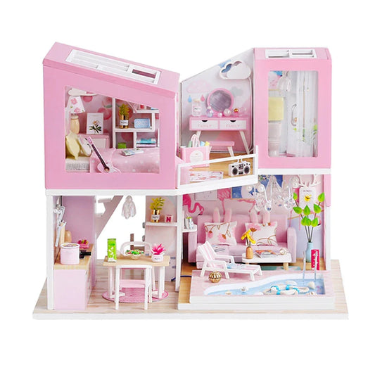 KTX-776275 Mini Wooden 3D Puzzle Dollhouse Kit with Furniture for Kids Ages 5-7
