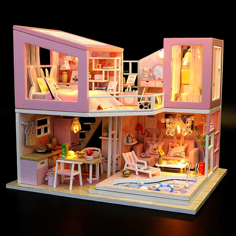 HKM-776275 Mini Wooden 3D Puzzle Dollhouse Kit with Furniture for Kids Ages 5-7