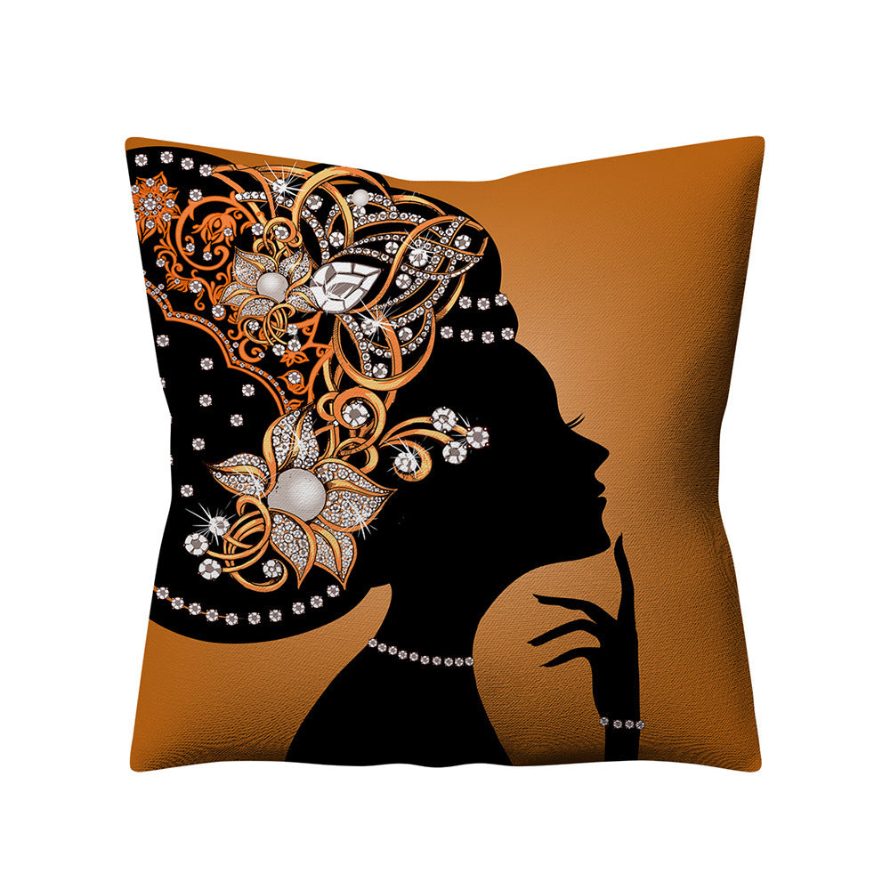 HKM-776723 African Women Linen Pillowcase - Retro Ethnic Style Cushion Cover 45x45cm