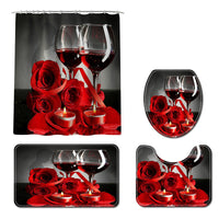 HKM-776851 Rose Wine Print Shower Curtain and Floor Mat Set - 4-Piece Polyester Fiber Collection for Modern Homes
