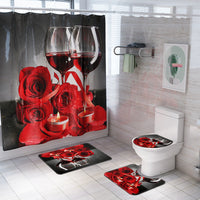 HKM-776851 Rose Wine Print Shower Curtain and Floor Mat Set - 4-Piece Polyester Fiber Collection for Modern Homes