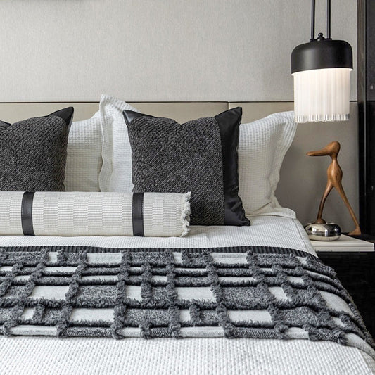 HKM-777171 Gray and White Plaid Bed Runner Nap Blanket Set with Pillowcase and Round Pillow