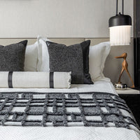 HKM-777171 Gray and White Plaid Bed Runner Nap Blanket Set with Pillowcase and Round Pillow