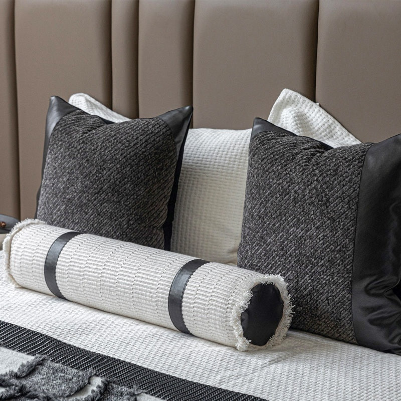 HKM-777171 Gray and White Plaid Bed Runner Nap Blanket Set with Pillowcase and Round Pillow