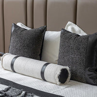 HKM-777171 Gray and White Plaid Bed Runner Nap Blanket Set with Pillowcase and Round Pillow