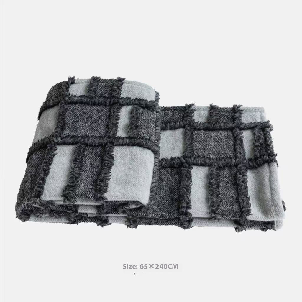 HKM-777171 Gray and White Plaid Bed Runner Nap Blanket Set with Pillowcase and Round Pillow
