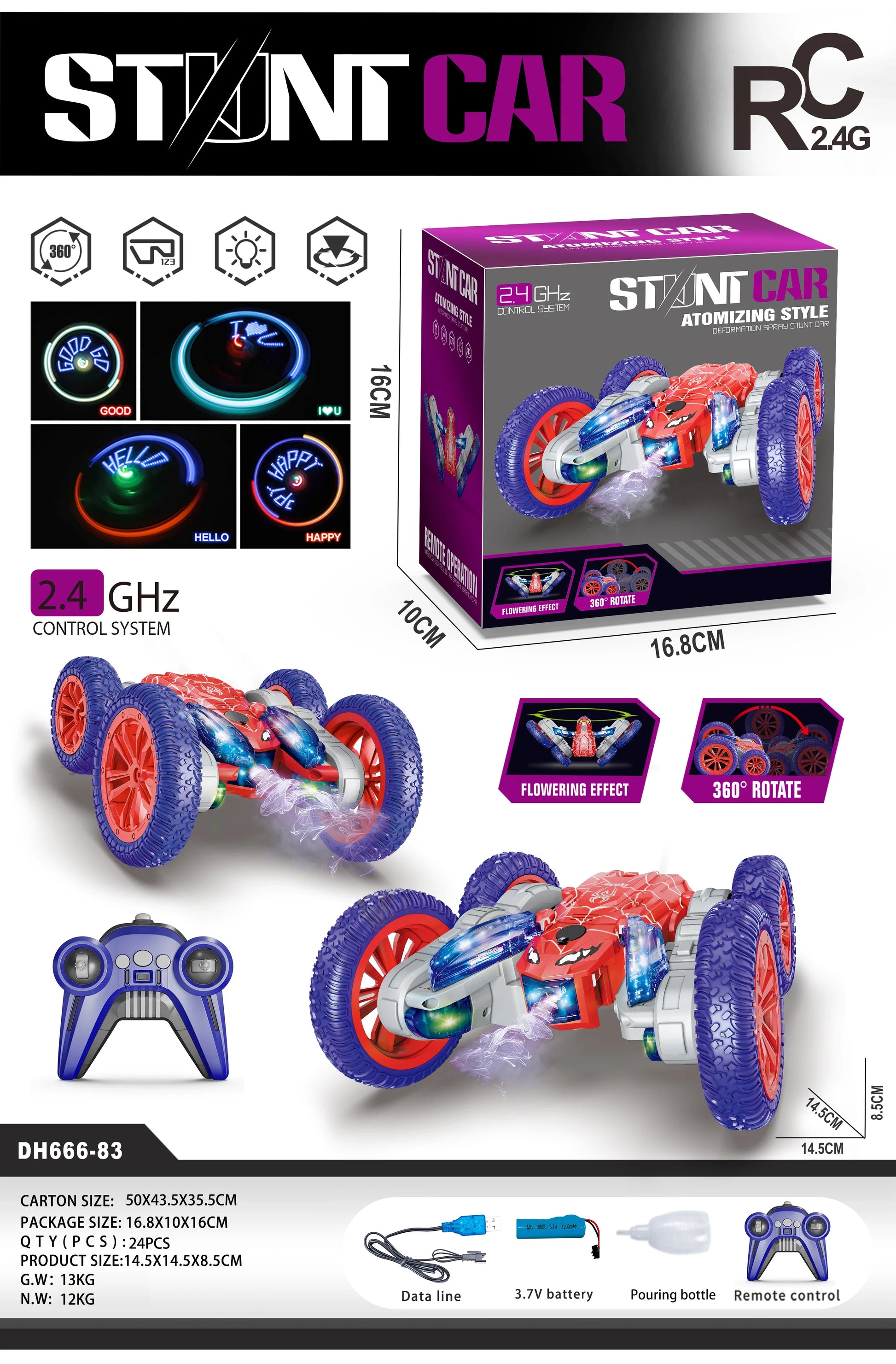 HKM-777171 Remote Control Double Sided Drift Stunt Car with LED Lights and Spray Function